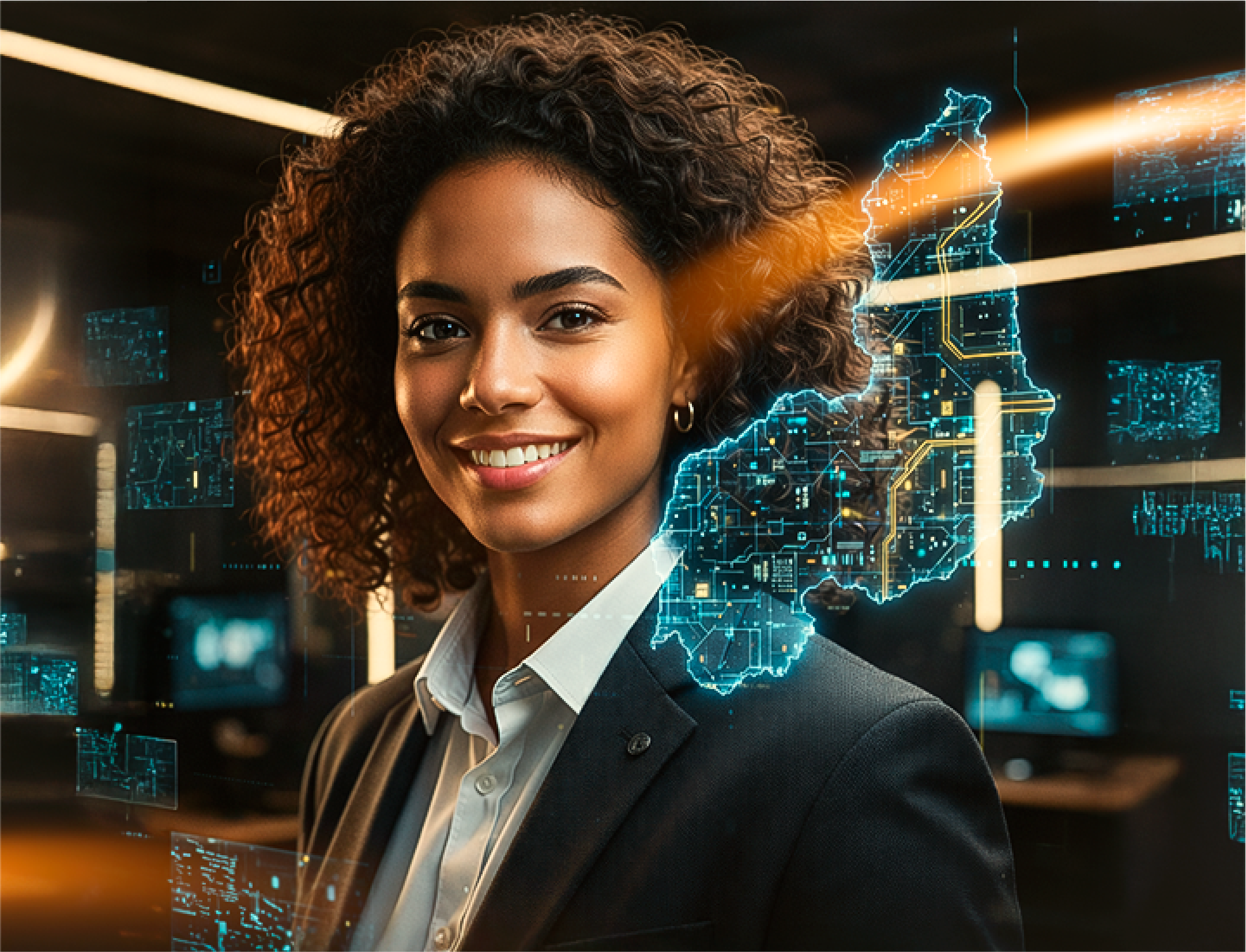 Mulher sorrindo com mapa holográfico do Piauí